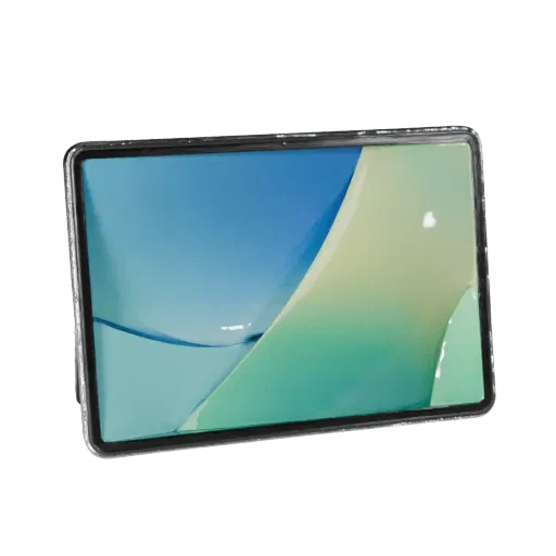 Foldable Tablet Phone Low Poly 3D model, game viewport three-quarter view, showing glass screens, form detail.