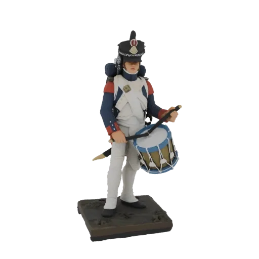 3D model of a Napoleonic drummer figure in uniform, holding drumsticks and a drum, on a textured base.