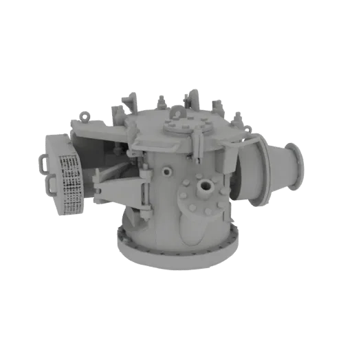 Graues, untexturiertes 3D-Modell einer industriellen Kreiselpumpe mit sichtbaren Rohren, Flanschen und mechanischem Gehäuse.