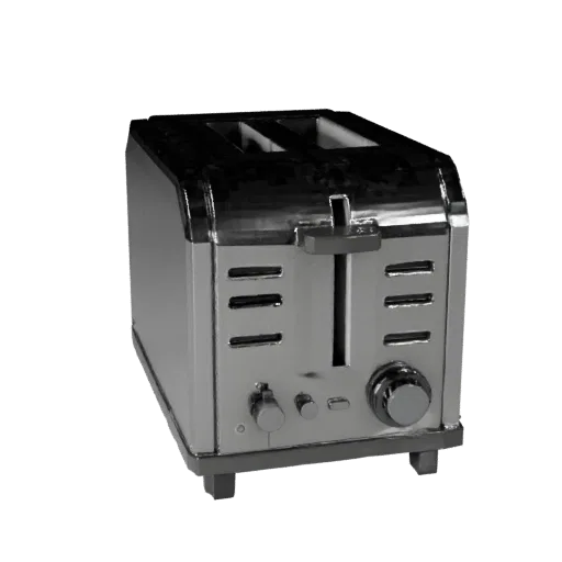 Stainless Toaster Low Poly 3D model, dining room, game viewport three-quarter view, plastic detail.