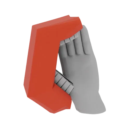 A 3D render of a red letter 'C' with a grey hand and teeth, presented against a white background.