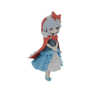 3D model of a chibi anime-style Red Riding Hood figure wearing a red hooded cape and a blue ruffled dress, with a gentle expr