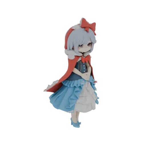 3D model of a chibi anime-style Red Riding Hood figure wearing a red hooded cape and a blue ruffled dress, with a gentle expr