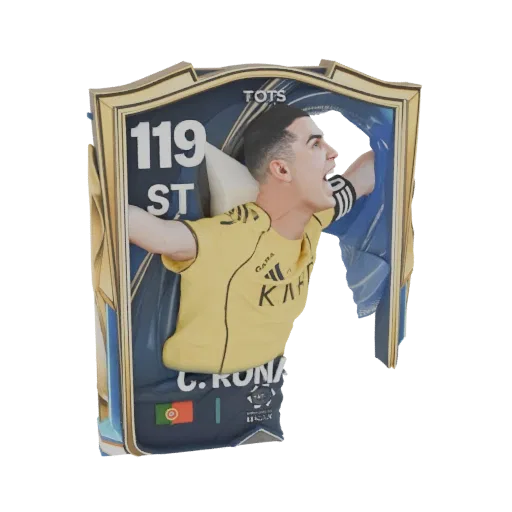3D model of Cristiano Ronaldo TOTS 119 ST football card, showing him in a celebratory pose with a yellow jersey.