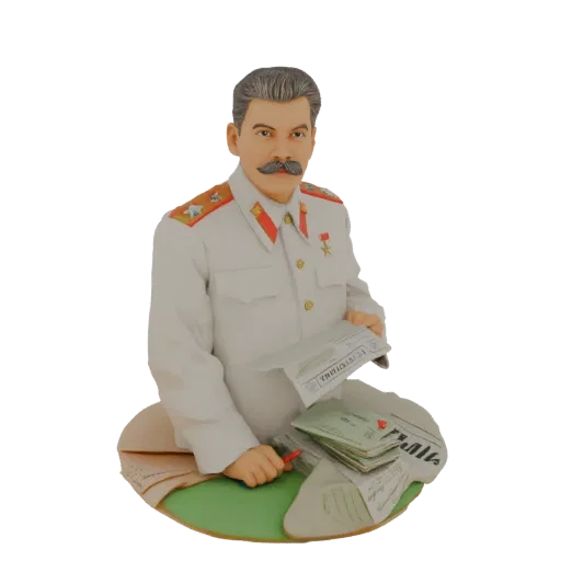 3D model bust of Joseph Stalin in uniform, seated at a desk with papers and a pen.