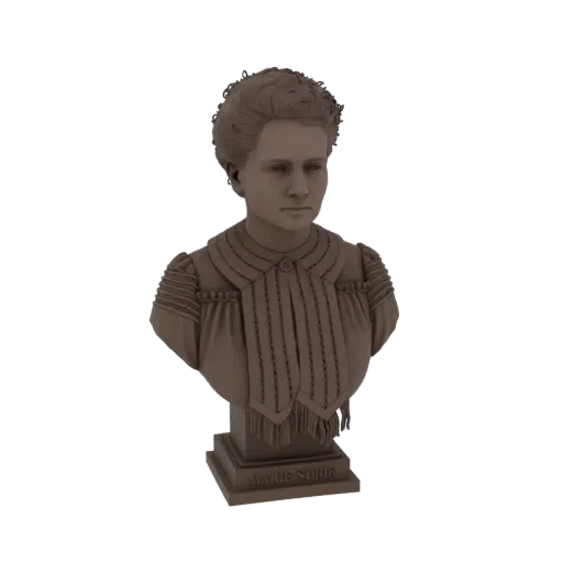 Busto 3D di Marie Curie, scultura dettagliata con nome inciso sulla base, presentata con finitura in bronzo.