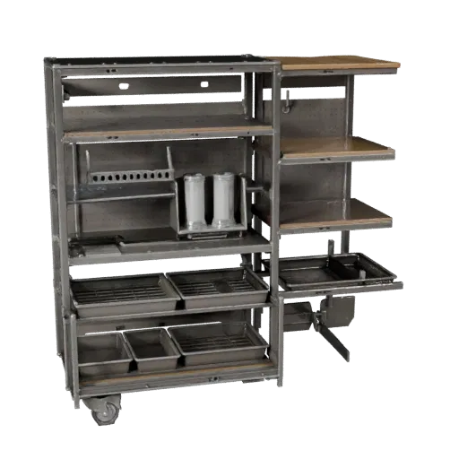 Maker Parts Rack High Poly 3D model, close-up studio render, showing steel frames, stable fixtures.