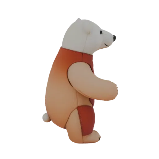 Side view of a stylized 3D model of a polar bear wearing an orange vest, against a black background.