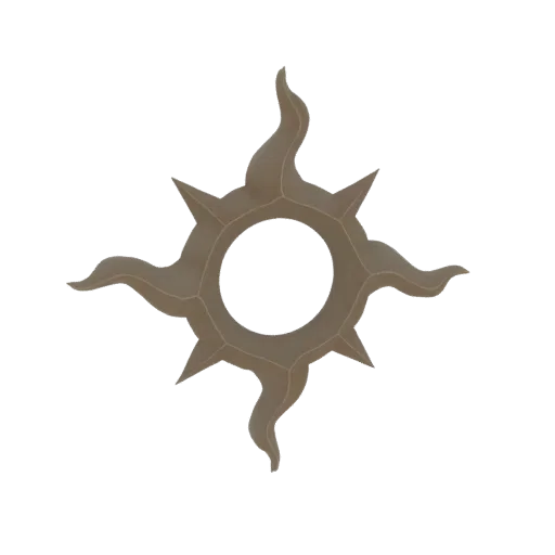 Render 3D di un emblema stilizzato a raggi di sole con punte affilate e protrusioni fluide simili a fiamme, renderizzato in u