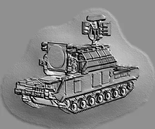 Modelo 3D de bajo relieve del sistema de misiles antiaéreos "Buk" estilo grabado, vista lateral