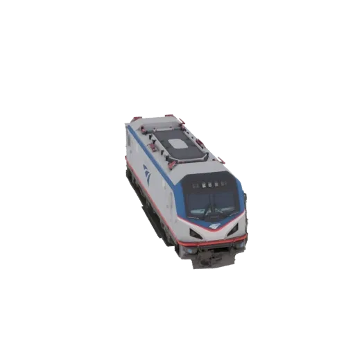 3D model of a white and blue Amtrak Acela Express locomotive, viewed from a slightly elevated front-right angle.