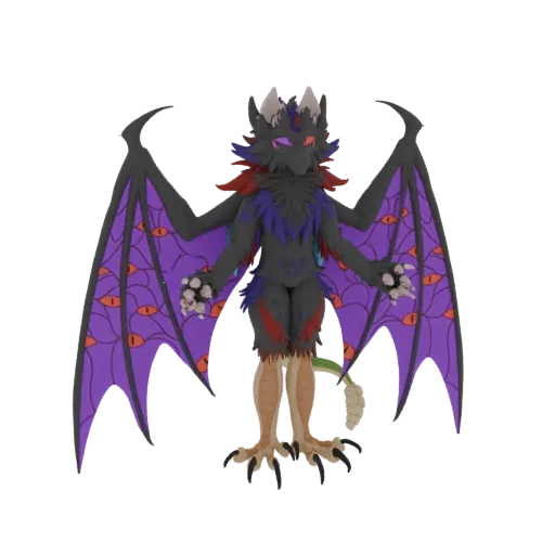 3D model of a dark gargoyle bat creature with large purple wings covered in orange eyes, standing on clawed feet.