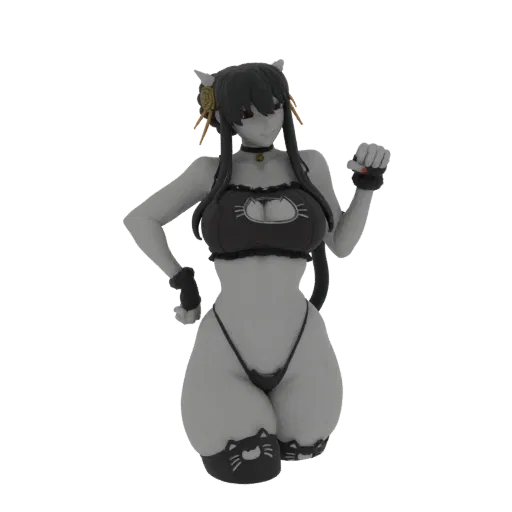 Modelo 3D de un personaje Neko Girl en renderizado en escala de grises, vistiendo un atuendo temático de gato con orejas y ca