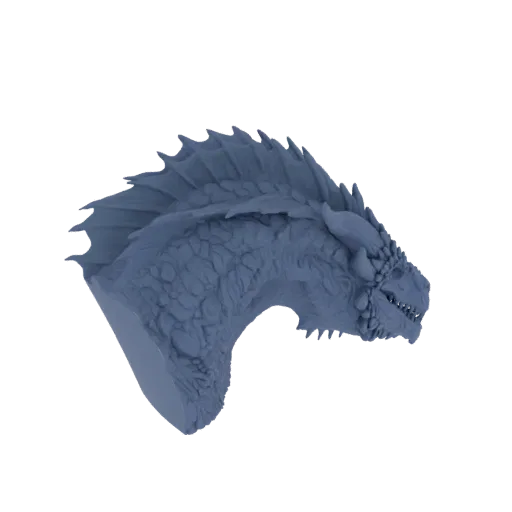 Un rendering dettagliato di un modello 3D di un busto di testa di drago, rivolto verso destra, con squame texturizzate e dent