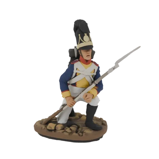 Modelo 3D de um soldado napoleônico ajoelhado com baioneta, vestindo uniforme azul e chapéu shako alto, posado em uma base ro