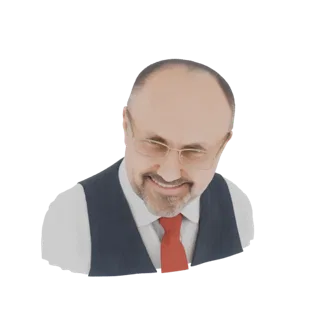 3D model of a smiling man wearing a dark vest, white shirt, and red tie, looking slightly down and to the side.