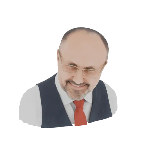 3D model of a smiling man wearing a dark vest, white shirt, and red tie, looking slightly down and to the side.