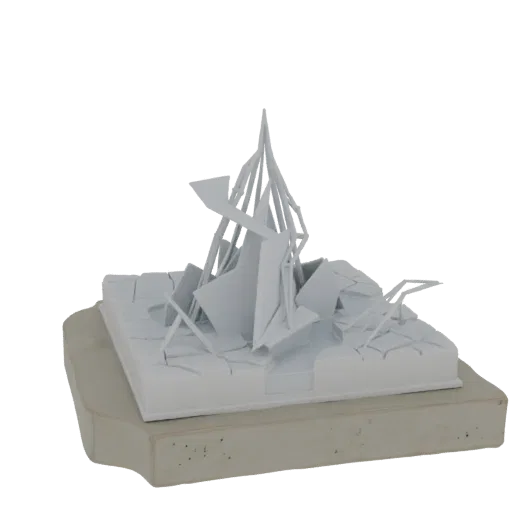 Render 3D de un modelo arquitectónico abstracto y deconstruido con formas geométricas afiladas y una base texturizada, presen
