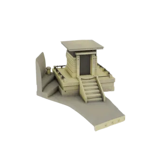 Modello 3D di un'antica caserma in pietra dall'aspetto vissuto, con un'ampia scala e un tetto piatto, su sfondo bianco.