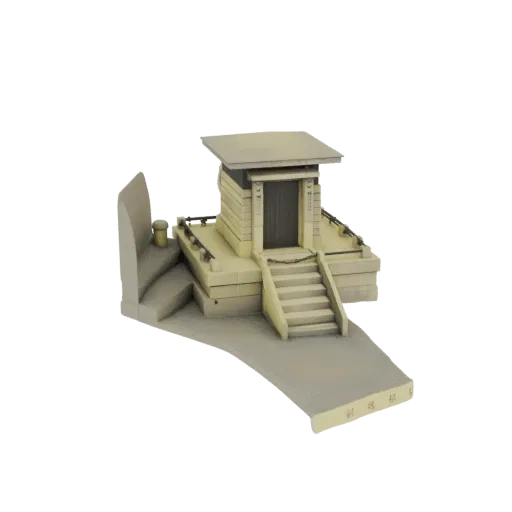 3D model of an ancient stone guardhouse with a weathered appearance, featuring a wide staircase and a flat roof, set against a white background.