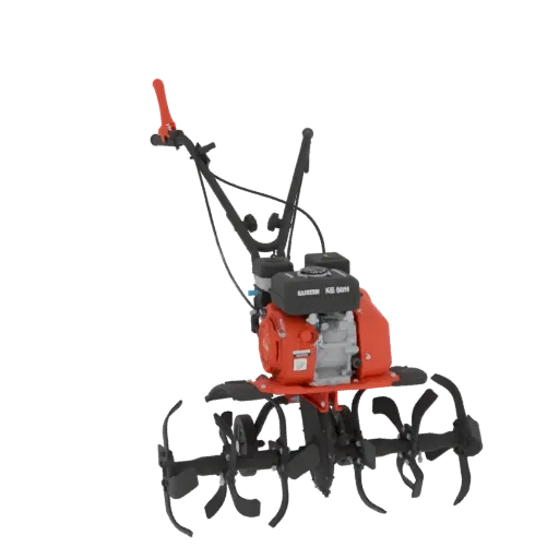 3D model of a red garden tiller with black rotating blades and a red control handle, set against a white background.