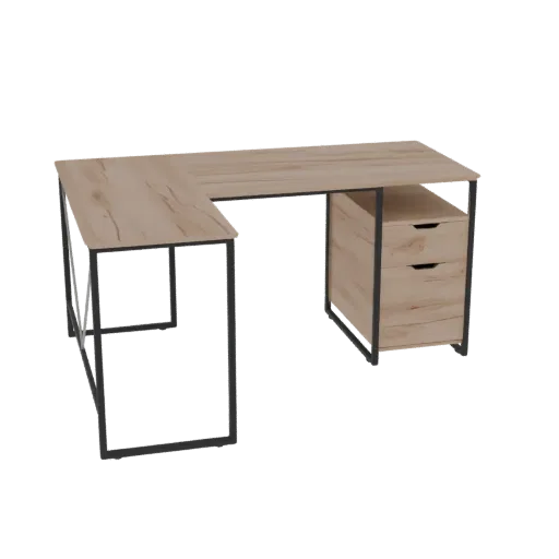 3D model of an L-shaped modern desk with light wood finish, black metal frame, and a three-drawer unit.