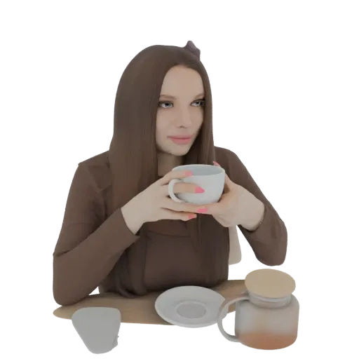 3D model of a woman with long brown hair, wearing a brown sweater, holding a white coffee cup, with a teapot and saucer on a