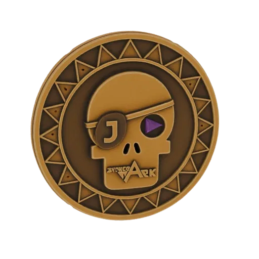 Modelo 3D de moeda dourada de caveira pirata com tapa-olho marrom, emblema 'J' e borda tribal, sobre fundo preto.