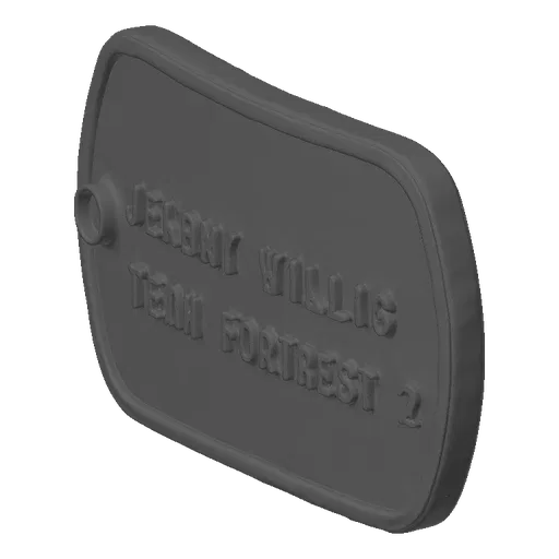 3D model of a grey, rectangular dog tag with rounded corners, featuring embossed text 'JEREMY WILLIG' and 'TEAM FORTRESS 2'.