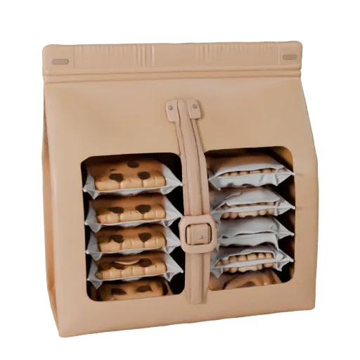 Bagged Cookie Pack Product Viz 3D model, three-quarter studio product render, showing cardboard, package massing.
