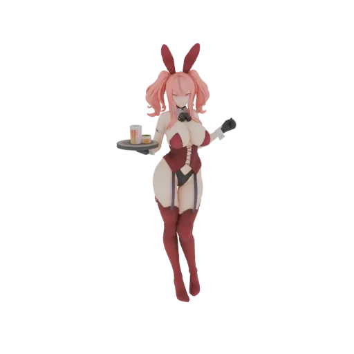 3D model of a pink-haired bunny girl in a waitress outfit, holding a tray with drinks, with bunny ears.