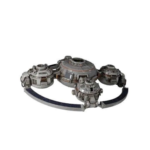 Research Docking Hub Stylized 3D model, stylized isometric render, showing metal modules, modular station layout.
