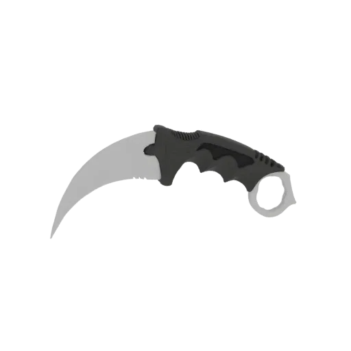 3D-Modell eines gekrümmten Karambit Messers mit schwarzem taktischem Griff und silberner gekrümmter Klinge, mit Fingerring.