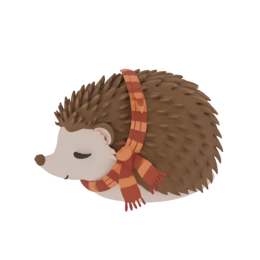 A 3D render of a cute hedgehog wearing a red and orange striped scarf, with its eyes closed.