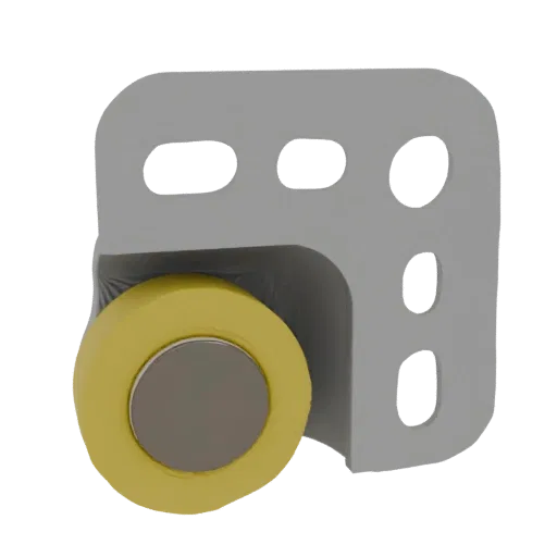 3D render of a gray metal corner bracket holding a bright yellow roll of tape, showcasing its detailed structure and metallic