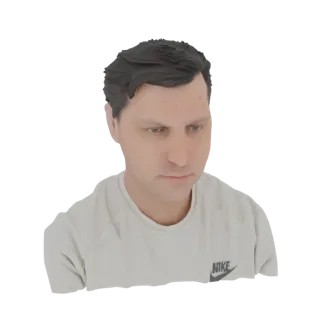 3D-Modell eines Mannes mit dunklen Haaren, der ein helles T-Shirt mit Nike-Logo trägt und mit neutralem Gesichtsausdruck nach