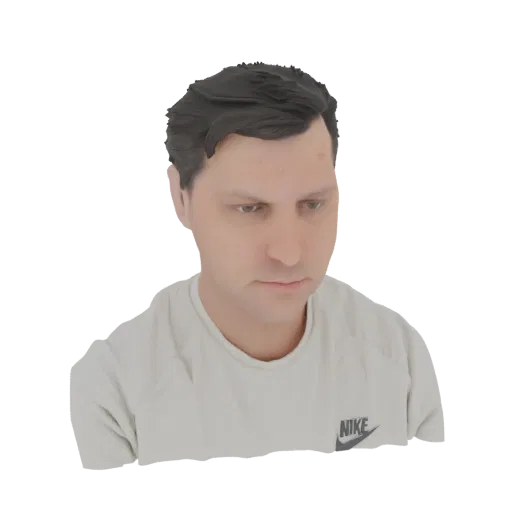 Modèle 3D d'un homme aux cheveux sombres, portant un t-shirt clair avec un logo Nike, regardant vers le bas avec une expressi