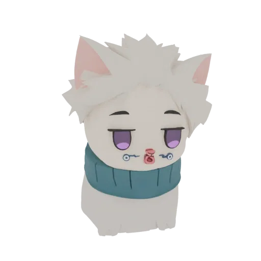 Modèle 3D d'un mignon personnage chat chibi avec fourrure blanche, yeux violets et écharpe bleu sarcelle, regardant droit dev