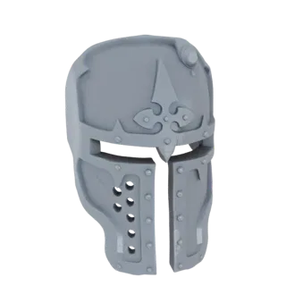 3D model of a grey, ornate Crusader helmet with a central crest and visor slit, set against a white background.