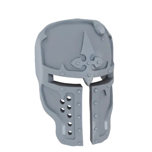 Modello 3D di un elmo crociato ornato grigio con una cresta centrale e fessura del visore, su sfondo bianco.