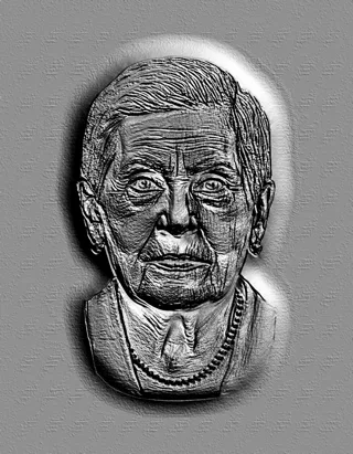 Modelo 3D de bajorrelieve de mujer mayor estilo grabado, con arrugas expresivas y collar