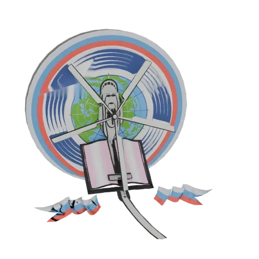 3D model of a helicopter flying over an open book, with a globe and stylized waves in the background, and Russian flag accent