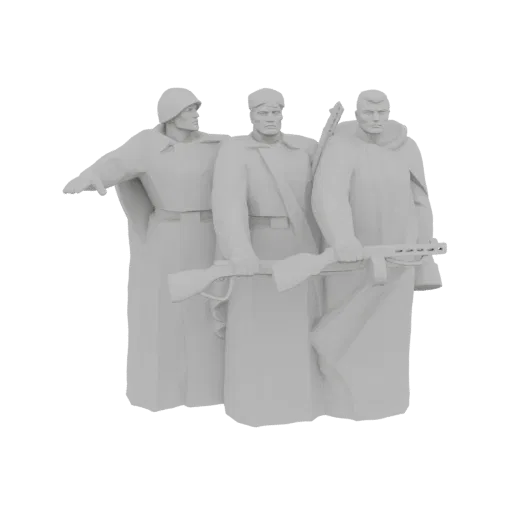 Modello 3D di un monumento con tre soldati sovietici in piedi insieme, che impugnano fucili.