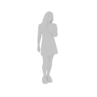 Modello 3D di giovane donna con capelli lunghi, che indossa un vestito corto, in piedi in posa neutra.