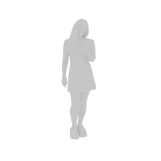 Modelo 3D de jovem mulher com cabelo comprido, vestindo um vestido curto, em pé em pose neutra.