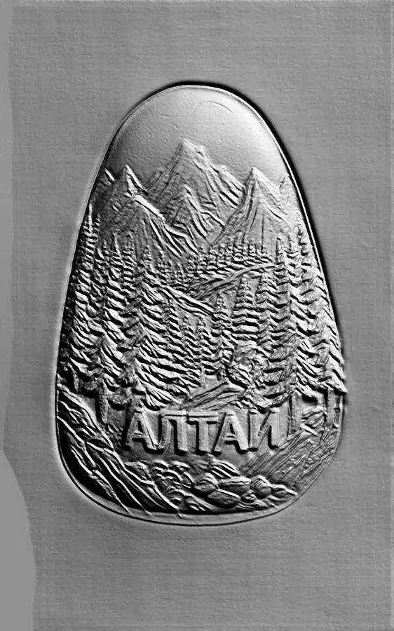 3D model of a bas-relief depicting the Altai mountain landscape covered in forest, with the inscription "ALTAI".