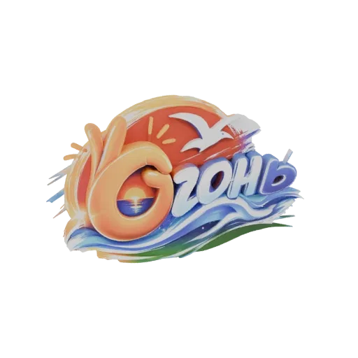 3D render of a 'Summer Season' logo with a sunset, ocean waves, and a bird, in vibrant orange, blue, and green colors.