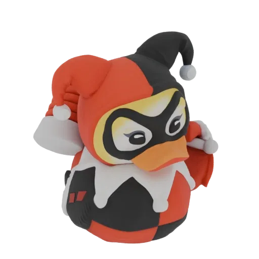 A 3D render of a duck character dressed as Harley Quinn, featuring a red and black jester costume and a playful expression.