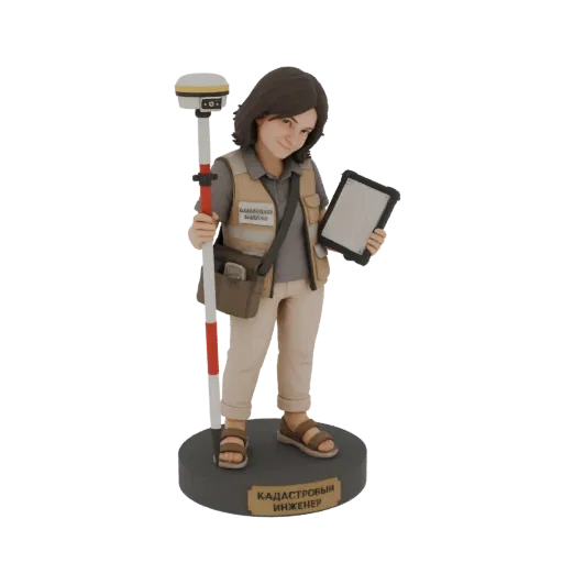 3D model of a female cadastral engineer with a GPS device and tablet, standing on a base.