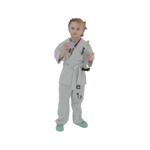 3D model of a young girl in a white karate gi, holding a trophy and a medal, with a proud expression.